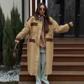 British retro khaki long windbreaker coat featuring brown contrast patchwork pockets - S / Tops / Khaki