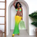 Sexy 3-piece yellow green gradient bikini set with matching long mesh cover-up skirt - S / Set / Green