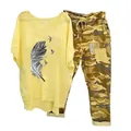 Stylish women's two-piece casual set with yellow feather print tee and camo trousers - 3XL / Top And Bottom / Feather and Birds Print - Yellow