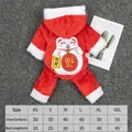 Warm red coral fleece pet hooded outfit featuring lucky cat embroidery and size chart - XS / Lucky Cat Costume