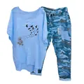 Casual women's two-piece set featuring a dandelion print T-shirt and blue camouflage trousers - 3XL / Top And Bottom / Dandelion and Birds Print - Blue