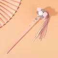 Cat teaser wand featuring pink glitter handle, soft plush balls and long tassels - Pink Gray White Balls With Pink Gray Tassels