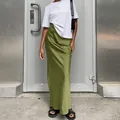 Jupe longue élégante en satin vert olive à taille haute, style sirène française pour femme - S / Bas / Vert
