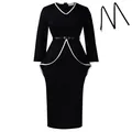 Elegant black professional long sleeve pencil dress with peplum waist and white trim detail - S / Dresses / Black