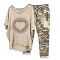 Casual women's two-piece set featuring oversized heart print t-shirt and camouflage joggers - 3XL / Top And Bottom / Heart Print - Apricot