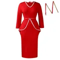 Elegant red peplum midi dress with long sleeves and contrasting white trim detail - S / Dresses / Red