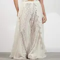 Elegant white floral lace hollow out wide-leg trousers with front slit for women. - S / Bottoms / White
