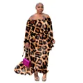 Full body view of plus size leopard print off-the-shoulder long sleeve maxi dress - 0XL / Dresses / Leopard Print