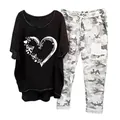 Women's stylish two-piece set featuring heart print top and camouflage pants. - 3XL / Top And Bottom / Butterfly and Heart Print - Black