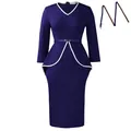 Elegant navy blue long sleeve peplum pencil dress with white piping trim and belt - S / Dresses / Dark Blue