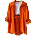 Ensemble d'été 3 pièces orange vif avec chemise, short et débardeur blanc côtelé - S / Haut Et Bas / Orange