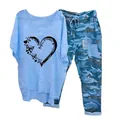 Casual two-piece set for women featuring a blue heart graphic tee and camouflage pants - 3XL / Top And Bottom / Butterfly and Heart Print - Blue