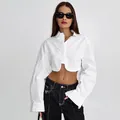 Camicia corta bianca in puro cotone stile francese con maniche lunghe e orlo curvo - Taglia S / Top / Bianco