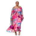 Full-length view of a vibrant pink floral off-the-shoulder maxi dress on a plus size model - 0XL / Dresses / Rose Red