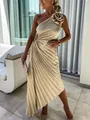 Elegant champagne pleated one-shoulder dress with floral detail and waist cutout - S / Dresses / Apricot