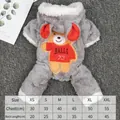 Grey coral fleece dog jumpsuit featuring a cute bear applique and detailed size chart. - XS / No. 23 Back Bear Style