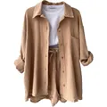 3-teiliges strukturiertes Lounge-Set für Damen in Khaki mit Oversized-Hemd und Top - Khaki