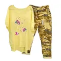 Women's two-piece casual set featuring a yellow dandelion t-shirt and camouflage pants - 3XL / Top And Bottom / Dandelion and Butterfly Print - Yellow