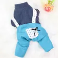 Cute blue pet overall jumpsuit featuring ribbed grey sweater and white polka dot suspenders - XS / Set / Blue