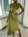 Elegant one-shoulder pleated green dress with floral detail and waist cutout - S / Dresses / Green
