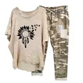 Women's fashionable two-piece casual set with sunflower print top and camo pants. - 3XL / Top And Bottom / Sunflower and Butterfly Print - Apricot