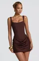 Detail of brown sleeveless bodycon dress featuring corset bodice and draped skirt - S / Dresses / Dark Brown