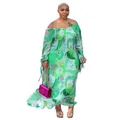 Detail of a green floral off-the-shoulder maxi dress with long sleeves and flowy fit. - 0XL / Dresses / Green