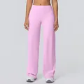 Detailed view of pink high-waisted wide-leg yoga pants for fitness and running - Sakura Pink