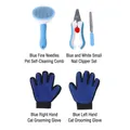 Komplettes blaues Fellpflegeset mit Zupfbürste, Krallenzange und Massagehandschuhen - Paar Handschuhe + Selbstreinigende Bürste + Nagelknipser