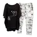 Casual women's two-piece set with black bird print top and grey camouflage pants. - 3XL / Top And Bottom / Black (Dandelion and Birds)