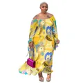Elegant off-the-shoulder long maxi dress with vibrant yellow floral print patterns - 0XL / Dresses / Yellow