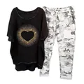 Casual two-piece set featuring black gold heart T-shirt and gray camouflage trousers - 3XL / Top And Bottom / Black (Heart)