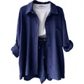 Damen Marineblaues strukturiertes Zweiteiler-Set mit Hemd, Shorts und weißem Top - Marineblau