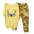 Women's casual two-piece outfit featuring yellow sunflower print tee and camouflage pants - 3XL / Top And Bottom / Yellow (Sunflower and Antlers)