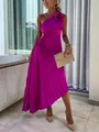 Elegant fuchsia one-shoulder pleated evening dress with waist cutout and shoulder flower - Fuschia