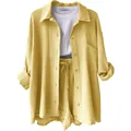 Gelbes 3-teiliges Damen Lounge-Set mit Hemd und Shorts in moderner Knitteroptik - Gelb