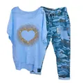 Fashionable two-piece casual set with glitter heart print t-shirt and blue camo pants - 3XL / Top And Bottom / Blue (Golden Heart)