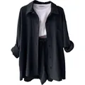 Lässiges schwarzes Musselin-Sommer-Set mit lockerem Hemd und passenden kurzen Hosen - Dunkelgrau
