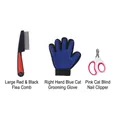 3-teiliges Haustierpflege-Set mit Flohkamm, Massagehandschuh und Sicherheits-Nagelschere - Sicherheitsschere + Rot-Schwarzer Flohkamm + Rechter Handschuh