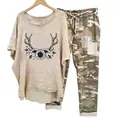Women's two-piece casual set featuring sunflower antler print tee and camo pants. - 3XL / Top And Bottom / Apricot (Sunflower and Antlers)
