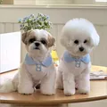 Breathable light blue summer polo vest for small dogs and cats shown on cute pets - M / White With Light Blue Collar