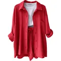 Rotes zweiteiliges Damen-Lounge-Set mit übergroßem Langarmhemd und passenden Shorts - Rot