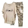Fashionable casual two-piece set featuring a heartbeat print top and camo pants - 3XL / Top And Bottom / Apricot (ECG Heartbeat)