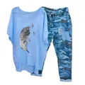 Two-piece casual women's set featuring a feather print light blue T-shirt and camo pants - 3XL / Top And Bottom / Blue (Feather and Birds)