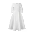 Full detail view of an elegant white A-line flared dress with 3/4 sleeves for women - S / Dresses / White