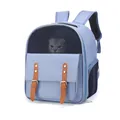 Atmungsaktiver hellblauer Haustier-Rucksack für Katzen mit Netzfenster und braunen Riemen - Geeignet für Katzen unter 7,5 kg / Blau