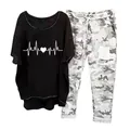 Women's casual 2-piece outfit featuring a heartbeat print tee and camouflage pants - 3XL / Top And Bottom / Black (ECG Heartbeat)