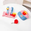 Red gingham pet harness and hat set with cute fries embroidery and matching leash - Pink Grid Set / XS