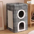Two-tier grey plaid foldable cat condo with sisal scratching pad and white plush trim - Plaid Multi-Tiered Style / Standard Large / Gray Plaid