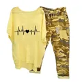 Trendy women's fashion 2-piece set with yellow heart print T-shirt and camo pants - 3XL / Top And Bottom / Yellow (ECG Heartbeat)